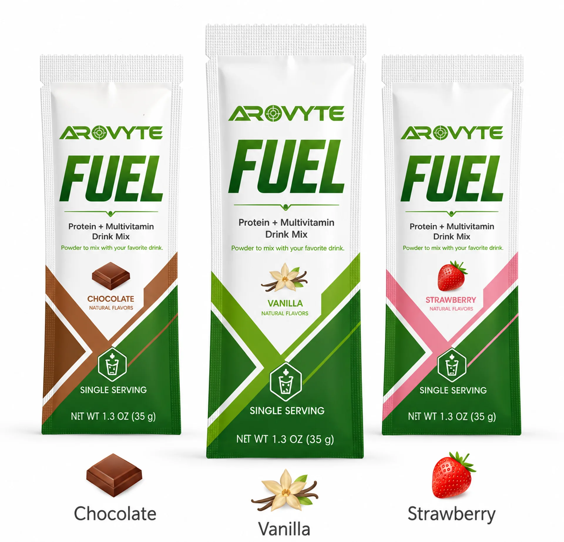 AROVYTE FUEL protein plus multivitamin drink mix in Chocolate, Vanilla, and Strawberry — three single-serving stick packs.